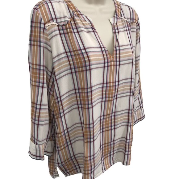 Loft Womens Brown Multi Plaid Notched Neck 3/4 Sleeve Blouse Size S - Picture 2 of 7